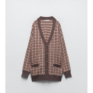 Zara Brown Pink Textured Weave Knit Chunky Cardigan Size S
